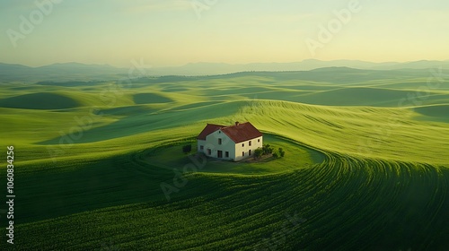 Aerial shot of a farmhouse oasis in expansive farmland, fields stretching in every direction, rich green hues under soft morning light, peaceful and isolated, inviting rural atmosphere,