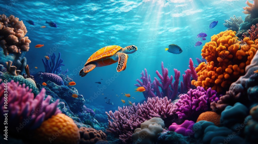 Naklejka premium Vivid Underwater Coral Reef Scene with Sea Turtle