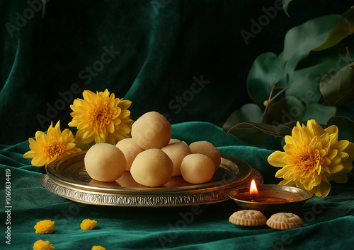 A flat lay of traditional Indian sweets like laddus and delicate cookies placed on an elegant table with a green velvet cloth and gold trimming and yellow flowers, and small red candles. photo