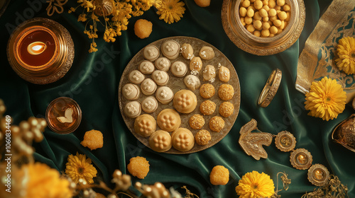 A flat lay of traditional Indian sweets like laddus and delicate cookies placed on an elegant table with a green velvet cloth and gold trimming and yellow flowers, and small red candles. photo