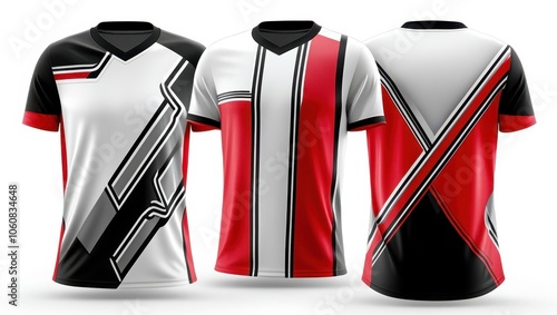 Sports jersey, geometric design, red and white stripes, black accents, dynamic pattern, athletic wear, modern sportswear, sleek style, abstract shapes, high-contrast colors, performance fabric, techni photo