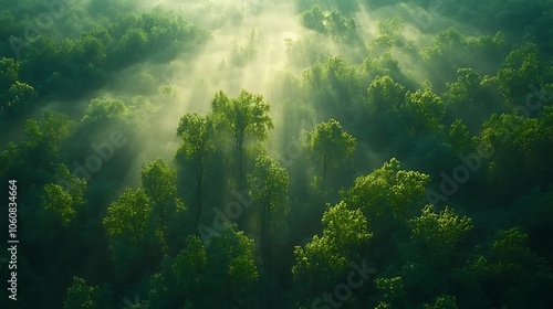 Aerial shot of dense forest under a blanket of morning mist, sunlight creating soft highlights through fog, treetops barely visible, mysterious and serene atmosphere, detailed textures, peaceful dawn.