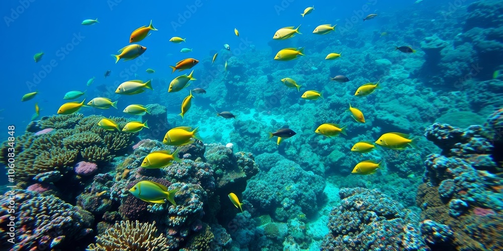 Naklejka premium Vibrant underwater scene with colorful coral reefs and schools of tropical fish, tropical fish, ocean floor