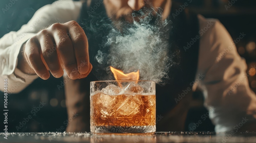 Fancy cocktail bar with mixologist making a flaming drink, Luxe bar experience Fancy cocktail bar with mixologist making a flaming drink, Luxe bar experience