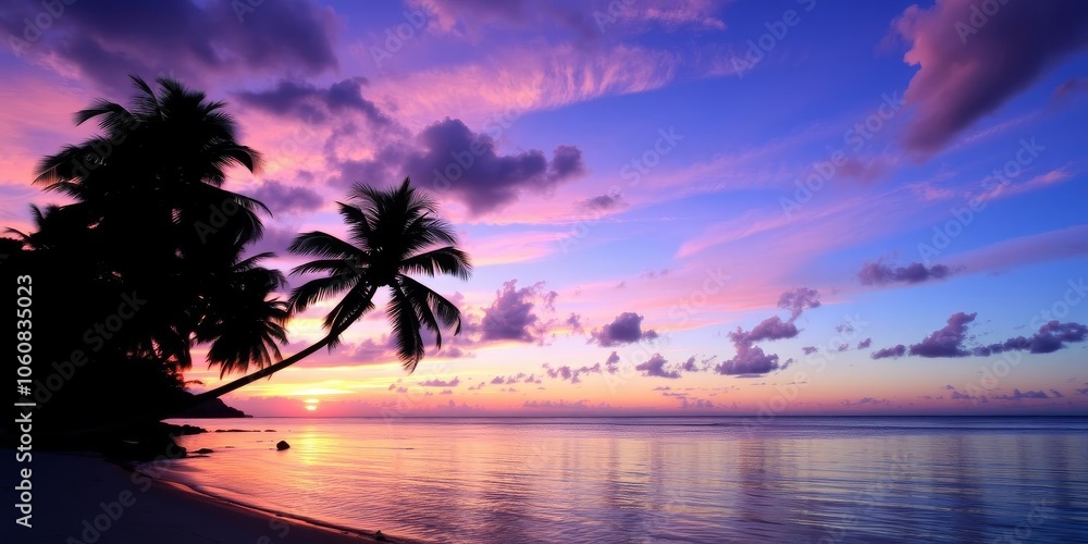 Fototapeta premium Vibrant sunset over a tranquil beach horizon with a silhouette of palm trees, silhouette, dusk