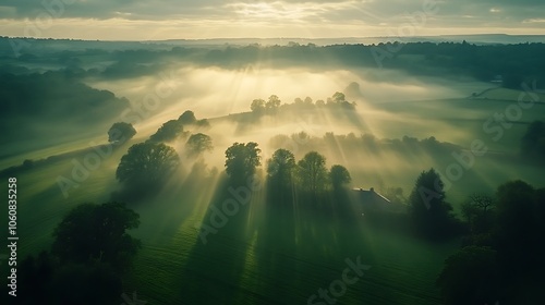 Aerial shot of farms wrapped in dense morning fog, sunlight filtering through to create soft golden highlights, mist drifting over fields and trees, tranquil countryside scene, ethereal and inviting,