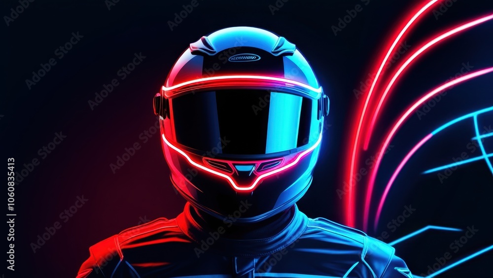 Cyberpunk motorcycle helmet, neon lights, vibrant blue and red glow, black background, retro-futuristic, synthwave aesthetic, sleek design, reflective visor, laser beams, digital art, 3D rendering, hi Cyberpunk motorcycle helmet, neon lights, vibrant blue and red glow, black background, retro-futuristic, synthwave aesthetic, sleek design, reflective visor, laser beams, digital art, 3D rendering, hi