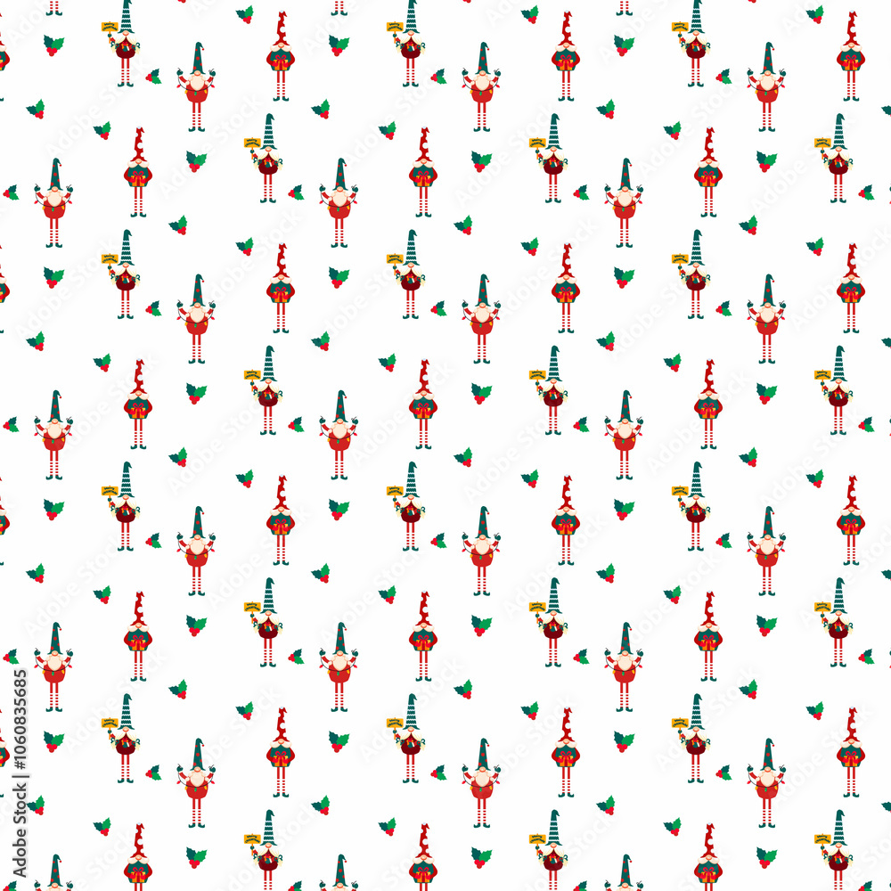 Festive Christmas pattern with gnomes characters
Festive Christmas pattern with gnomes characters