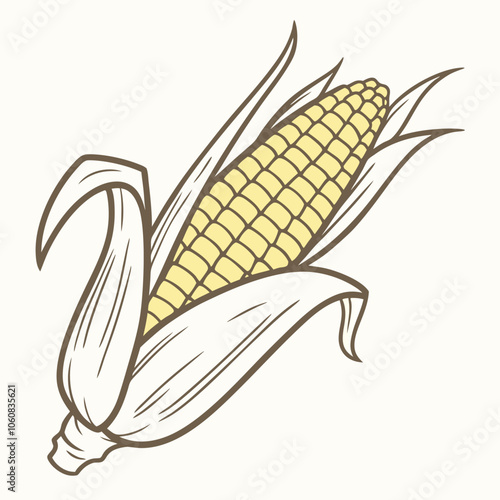 A simple yet detailed illustration of a corn cob, perfect for adding a touch of rustic charm to your designs. This hand-drawn graphic is ideal for food-related projects, farm-themed illustrations.