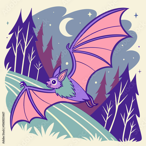 A whimsical illustration of a purple bat flying through a night sky, surrounded by a magical forest. This charming design is perfect for adding a touch of fantasy and wonder to your projects.
