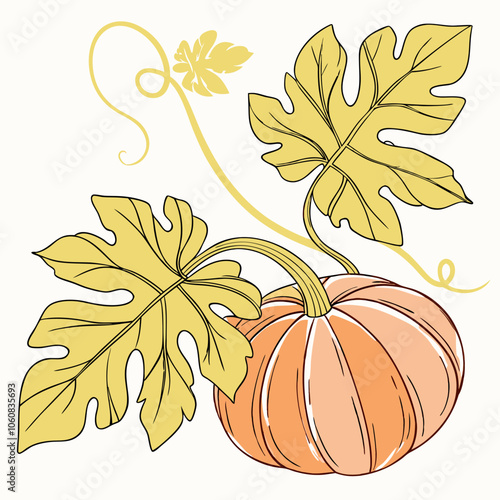 A charming illustration of a pumpkin with vibrant leaves, perfect for adding a touch of autumnal charm to your designs. This simple yet elegant image is ideal for greeting cards, fall decorations.