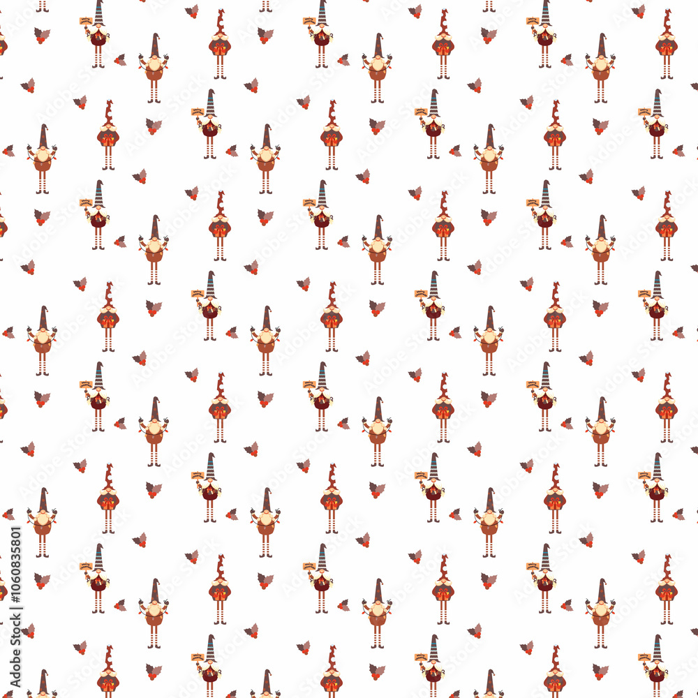 Festive Christmas pattern with gnomes characters
Festive Christmas pattern with gnomes characters