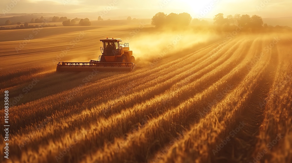 Fototapeta premium Aerial shot of machinery harvesting crops, fields forming patterns of golden and brown as machines move through, sunlight casting warm highlights, calm and organized countryside atmosphere,