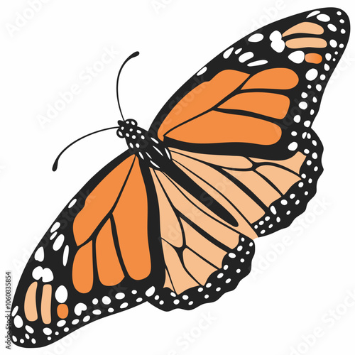 A detailed illustration of a monarch butterfly with intricate wing patterns and vibrant orange and black colors. This high-quality image is perfect for nature-themed projects, educational materials.