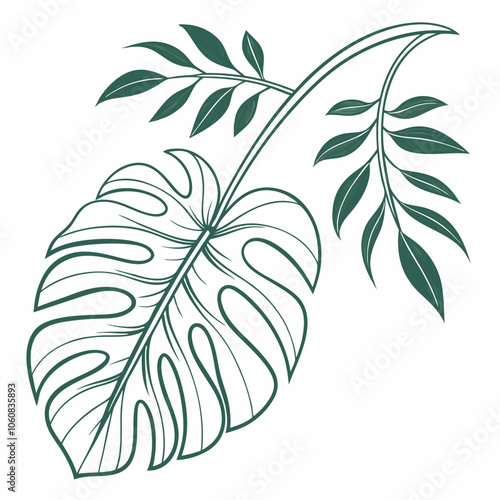 A delicate line drawing of a tropical leaf, perfect for adding a touch of nature to your designs. This elegant and stylish illustration is ideal for branding, patterns.