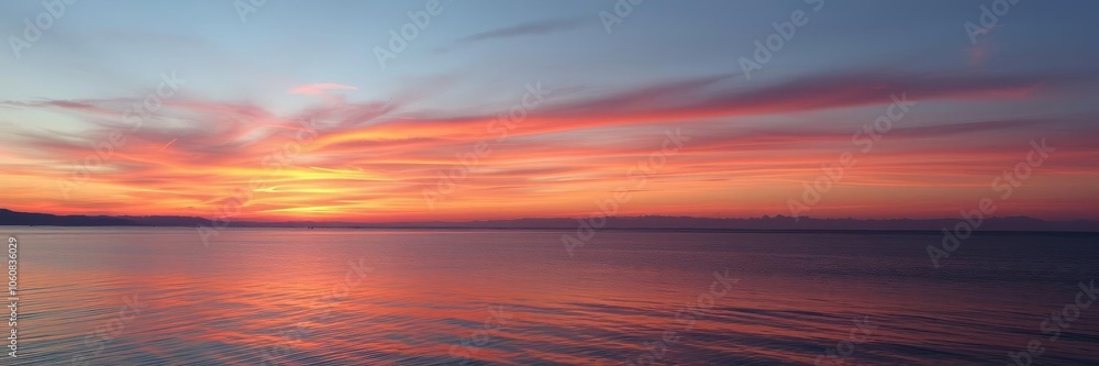 Vibrant orange and pink sunset reflecting on calm water, pink, evening Vibrant orange and pink sunset reflecting on calm water, pink, evening
