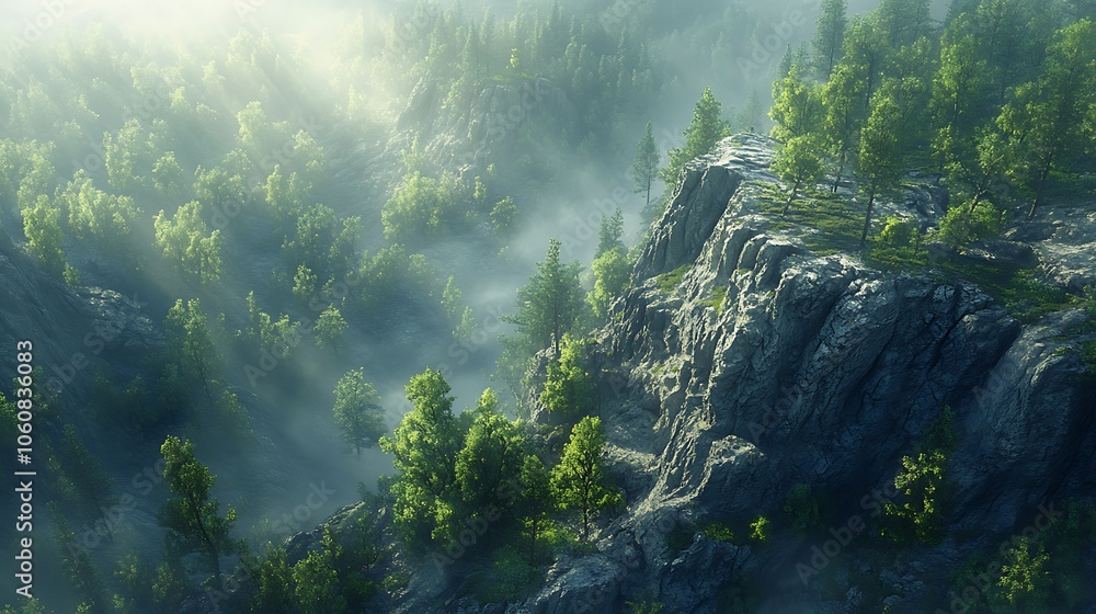 Aerial view of a dense forest hugging the edge of a steep mountain, rocky terrain and jagged cliffs visible, sunlight casting dramatic shadows over the landscape, Aerial view of a dense forest hugging the edge of a steep mountain, rocky terrain and jagged cliffs visible, sunlight casting dramatic shadows over the landscape,