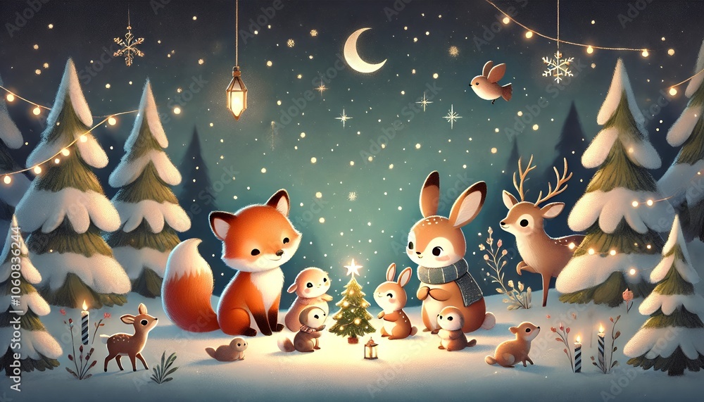 Naklejka premium A Magical Christmas Eve: Woodland Friends Gather Around a Tiny Tree Under the Starlit Snowy Sky