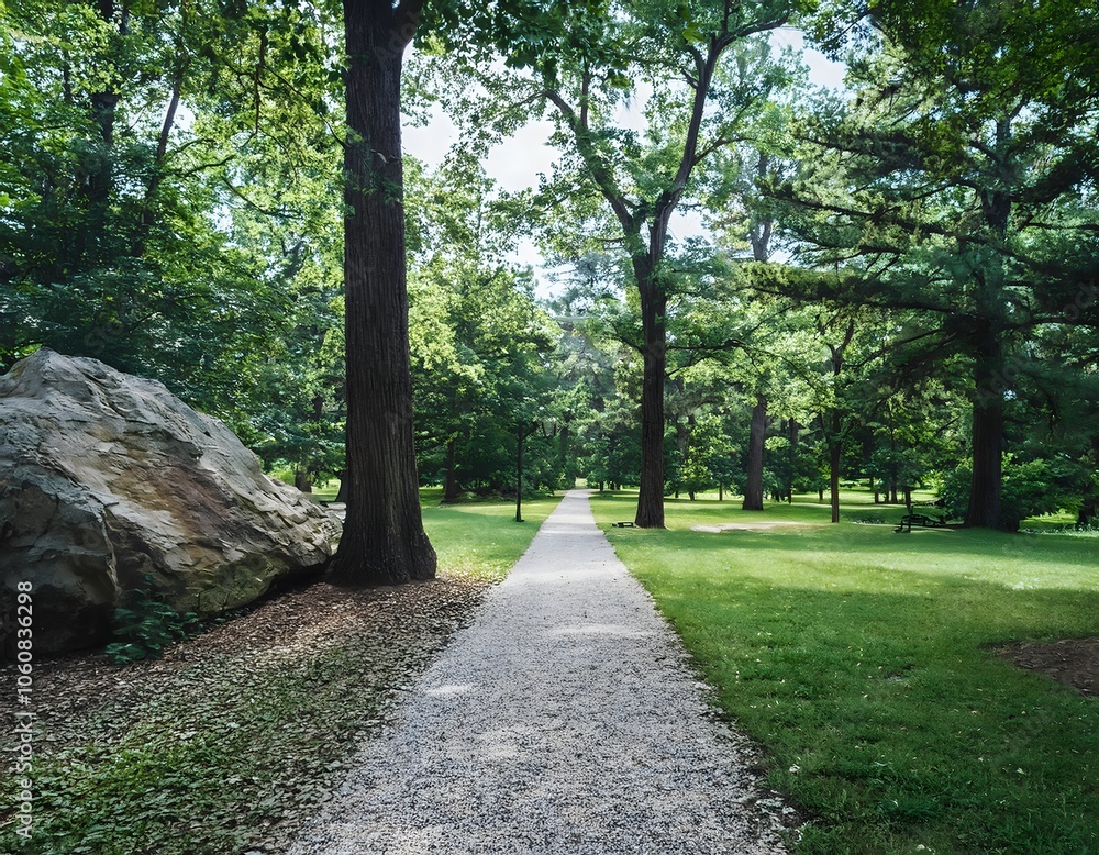 A sunny park alley lined with green trees and a winding path through a vibrant landscape A sunny park alley lined with green trees and a winding path through a vibrant landscape