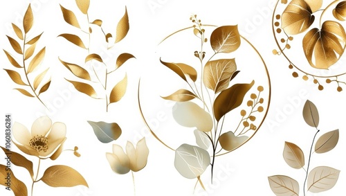 Golden botanical elements, watercolor leaves, metallic floral designs, shimmering petals, delicate branches, abstract nature motifs, gold foil accents, elegant plant silhouettes, minimalist flower ill