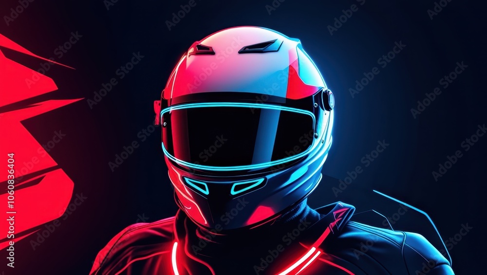 Cyberpunk motorcycle helmet, neon lights, vibrant blue and red glow, black background, retro-futuristic, synthwave aesthetic, sleek design, reflective visor, laser beams, digital art, 3D rendering, hi Cyberpunk motorcycle helmet, neon lights, vibrant blue and red glow, black background, retro-futuristic, synthwave aesthetic, sleek design, reflective visor, laser beams, digital art, 3D rendering, hi