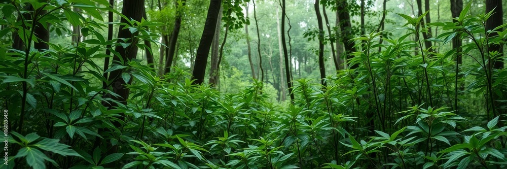 Vibrant green leaves with dew drops in a lush forest setting, outdoors, forest Vibrant green leaves with dew drops in a lush forest setting, outdoors, forest