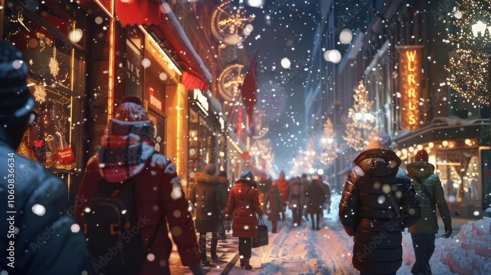 Winter Holiday Shopping in a Snowy City Center with Brightly Lit Storefronts Winter Holiday Shopping in a Snowy City Center with Brightly Lit Storefronts