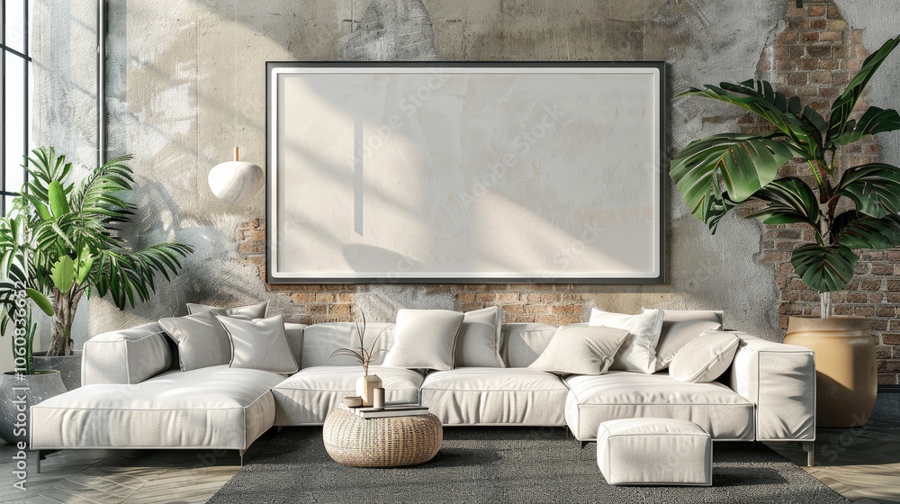 Stylish interior with large white frame mockup Stylish interior with large white frame mockup