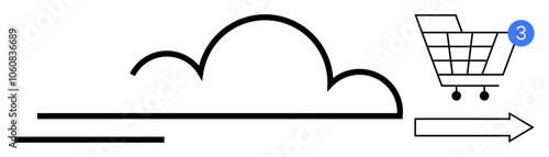 Black cloud symbol with horizontal lines indicating speed, shopping cart icon with alert number three, and right-facing arrow. Ideal for e-commerce, online shopping, cloud technology, digital