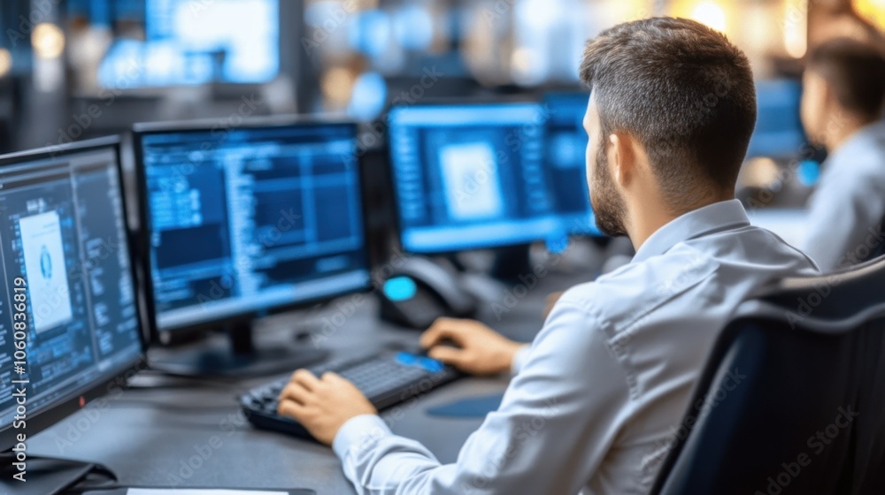 Analyst Monitoring Stock Market Data on Multiple Screens Analyst Monitoring Stock Market Data on Multiple Screens