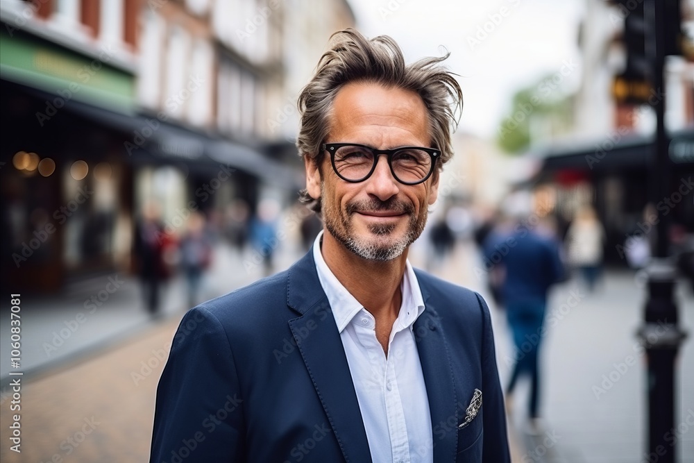 Portrait of a handsome middle-aged man wearing a blue suit and glasses in the city Portrait of a handsome middle-aged man wearing a blue suit and glasses in the city