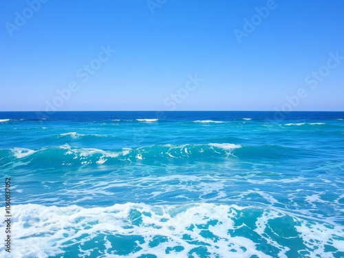 Vibrant blue ocean background with clear skies and sparkling water, waves, peaceful