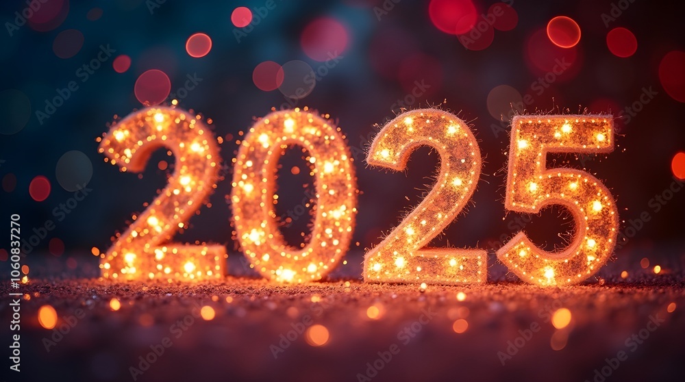 Golden and dark red colorful bokeh background with sparkling lights and fireworks to celebrate New Year 2025. Golden and dark red colorful bokeh background with sparkling lights and fireworks to celebrate New Year 2025.