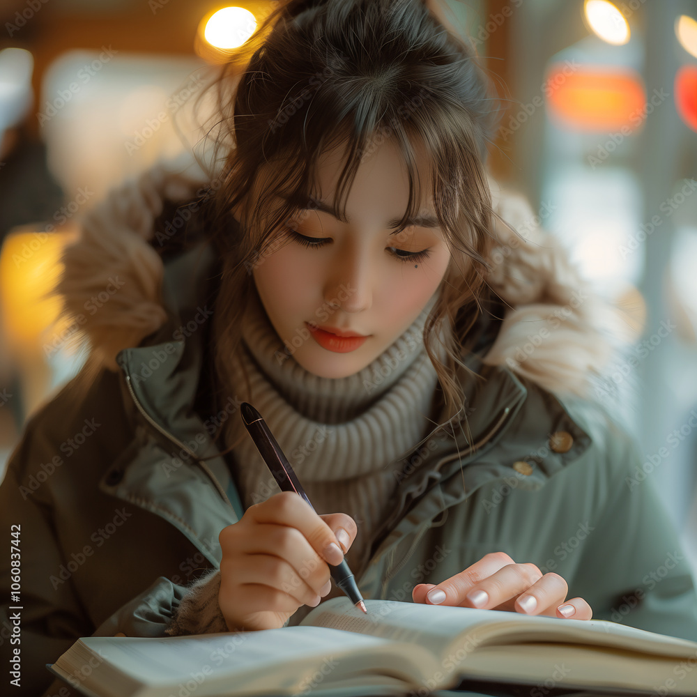 Young Beautiful Asian Woman, looking at a note while holding a pen, focusing on her work, wearing a warm winter outfit
Young Beautiful Asian Woman, looking at a note while holding a pen, focusing on her work, wearing a warm winter outfit