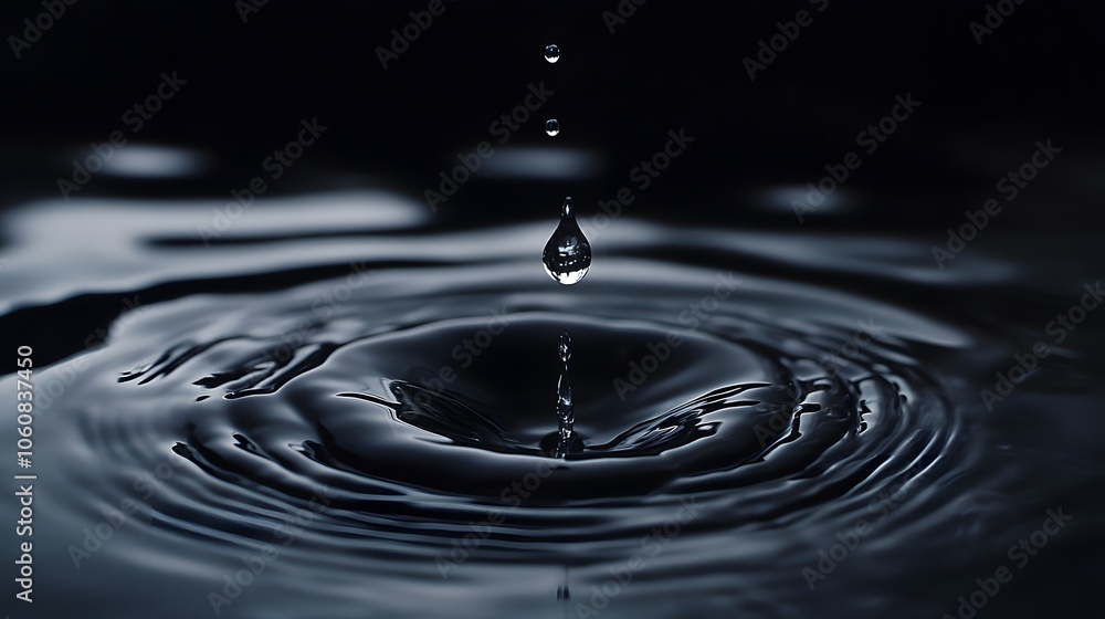 A single water drop suspended in mid-air before hitting the surface A single water drop suspended in mid-air before hitting the surface