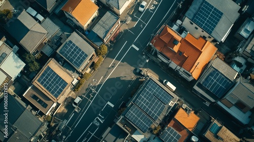 Aerial View of Japanese Neighborhood with Solar Panels. AI generated illustration