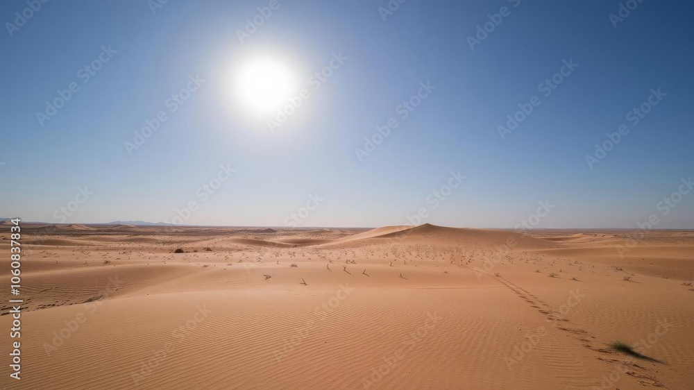 Vast sandy desert landscape with clear blue sky, sun, travel