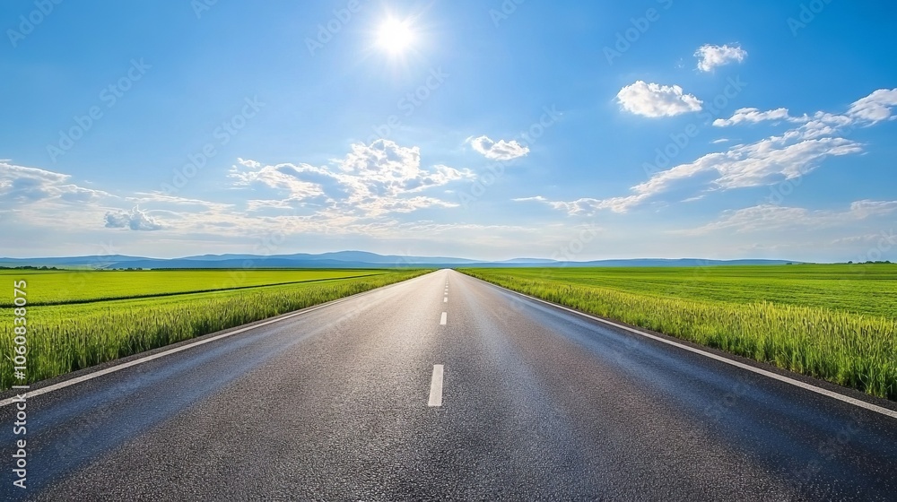 Scenic Summer Highway with Green Fields. AI generated illustration Scenic Summer Highway with Green Fields. AI generated illustration