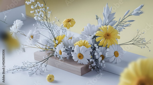 White and yellow spring flowers on yellow background.