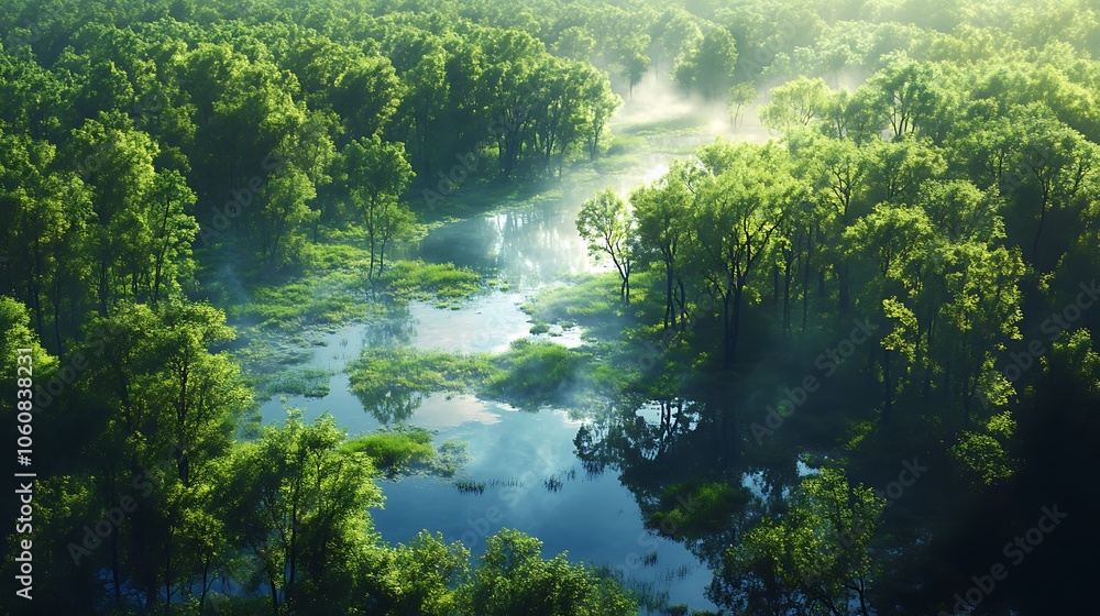 Bird’s-eye perspective of forested wetlands, scattered pools of water among vibrant green trees, sunlight creating dynamic reflections, mist subtly rolling over water, peaceful and scenic,