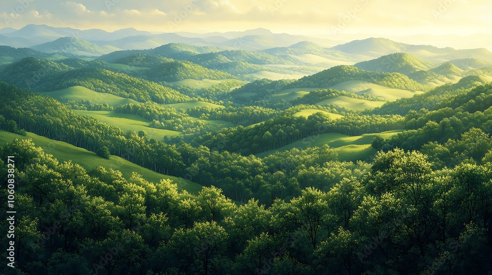 Fototapeta premium Bird’s-eye perspective of rolling green hills, covered with dense forest and vibrant vegetation, undulating peaks and valleys creating a rhythmic pattern, sunlight casting soft shadows,