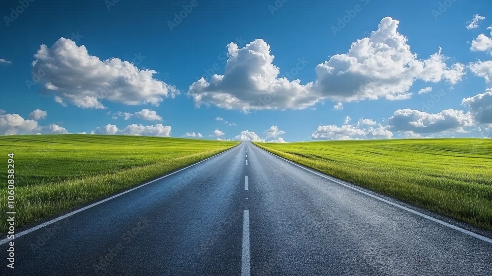 Fototapeta premium Scenic Summer Highway with Green Fields. AI generated illustration