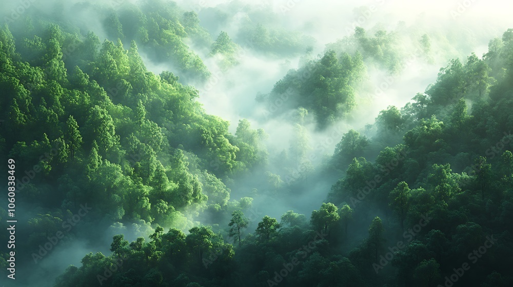 Bird’s-eye perspective over a fog-covered pine forest, dense layers of trees partially hidden by mist, low sunlight creating gentle highlights, mysterious and atmospheric scene, Bird’s-eye perspective over a fog-covered pine forest, dense layers of trees partially hidden by mist, low sunlight creating gentle highlights, mysterious and atmospheric scene,