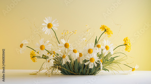 White and yellow spring flowers on yellow background.
