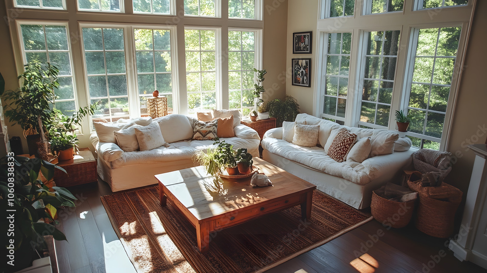 Cozy sunlit living room with large windows, plush white sofas, and abundant greenery creating a serene indoor sanctuary. Natural wooden coffee table and woven textures enhance the warm.