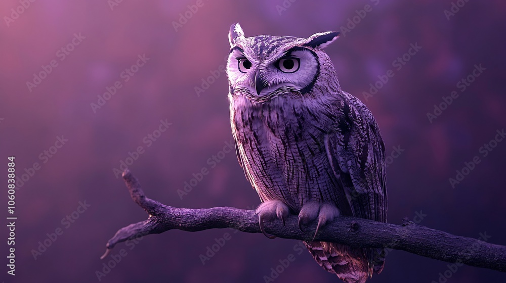 An Owl Perched on a Branch Against a Purple Sky An Owl Perched on a Branch Against a Purple Sky