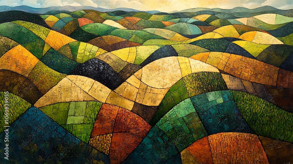 Fototapeta premium Bird’s-eye view of a countryside with patchwork fields, different crops forming geometric shapes, vibrant greens, yellows, and browns, sunlight enhancing the textures,
