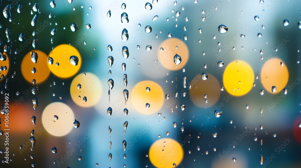 Multiple water drops on a window after rainfall with blurred background Multiple water drops on a window after rainfall with blurred background