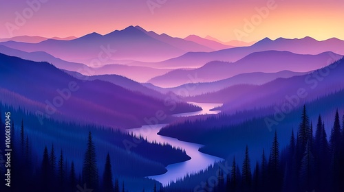 Serene Landscape of Radiant Mountains and Rivers