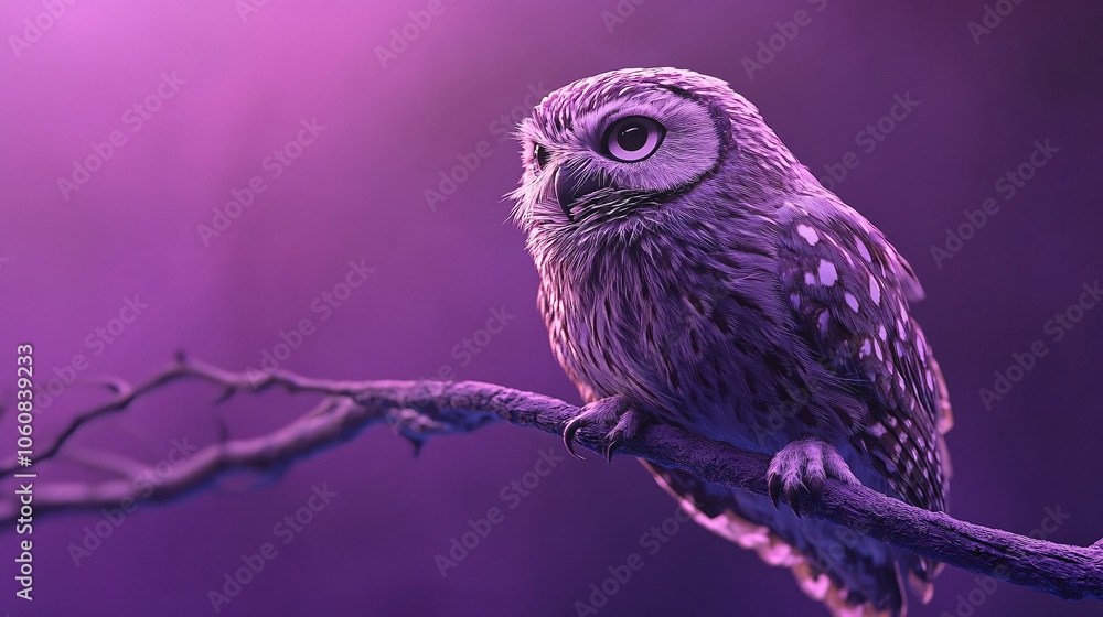 A Small Owl Perched on a Branch in a Purple Haze A Small Owl Perched on a Branch in a Purple Haze